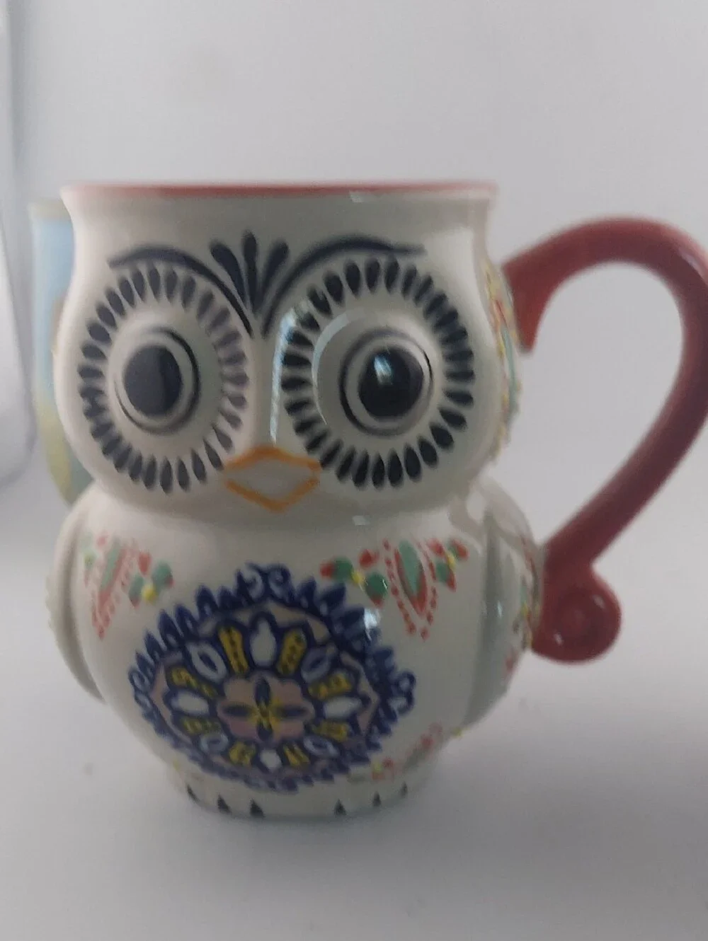 Vintage Owl Mug Set - Blue, White, Cream with Coral Accent